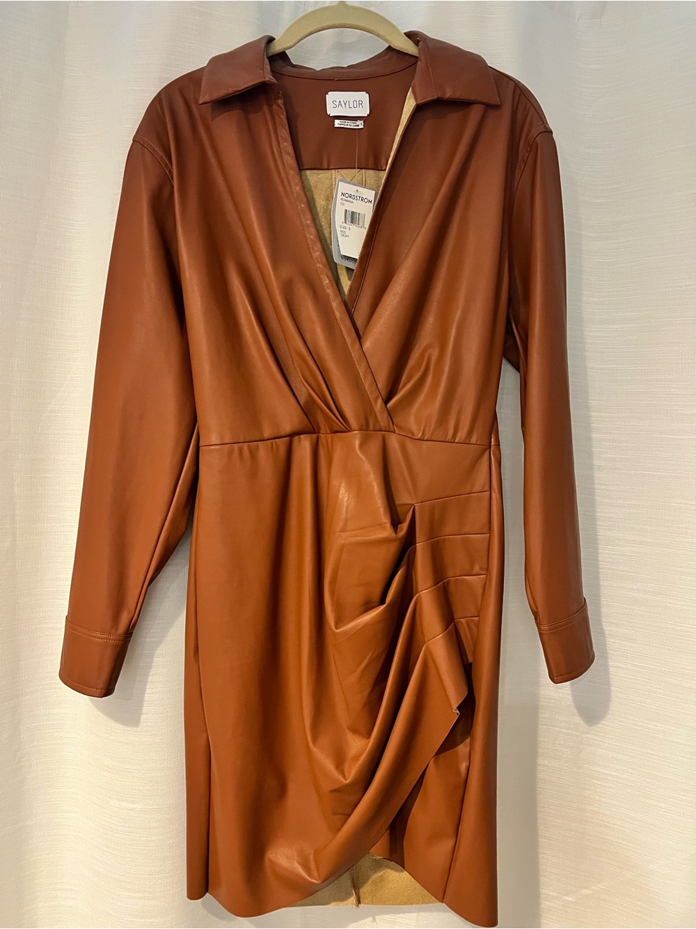 SAYLOR Rust Faux Leather Long-Sleeve Wrap Dress